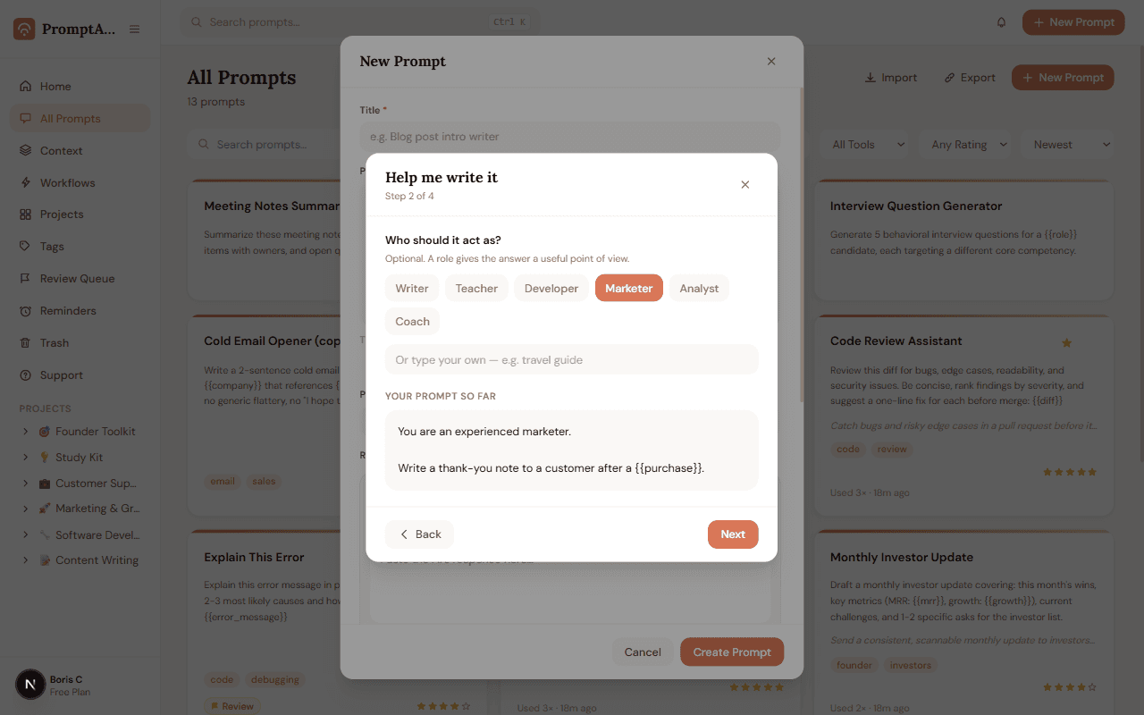 PromptABCD Guided Prompt Builder showing role selection and a live prompt preview