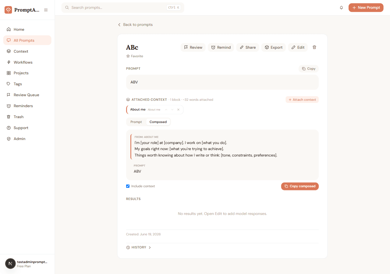 PromptABCD composed preview with color-keyed context blocks above a prompt