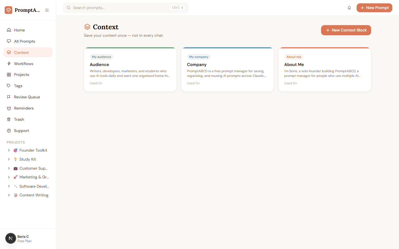 PromptABCD Context page showing saved About Me, Company, and Audience blocks