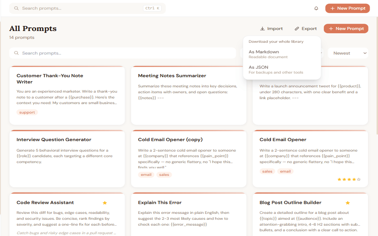 PromptABCD library export menu with Markdown and JSON options