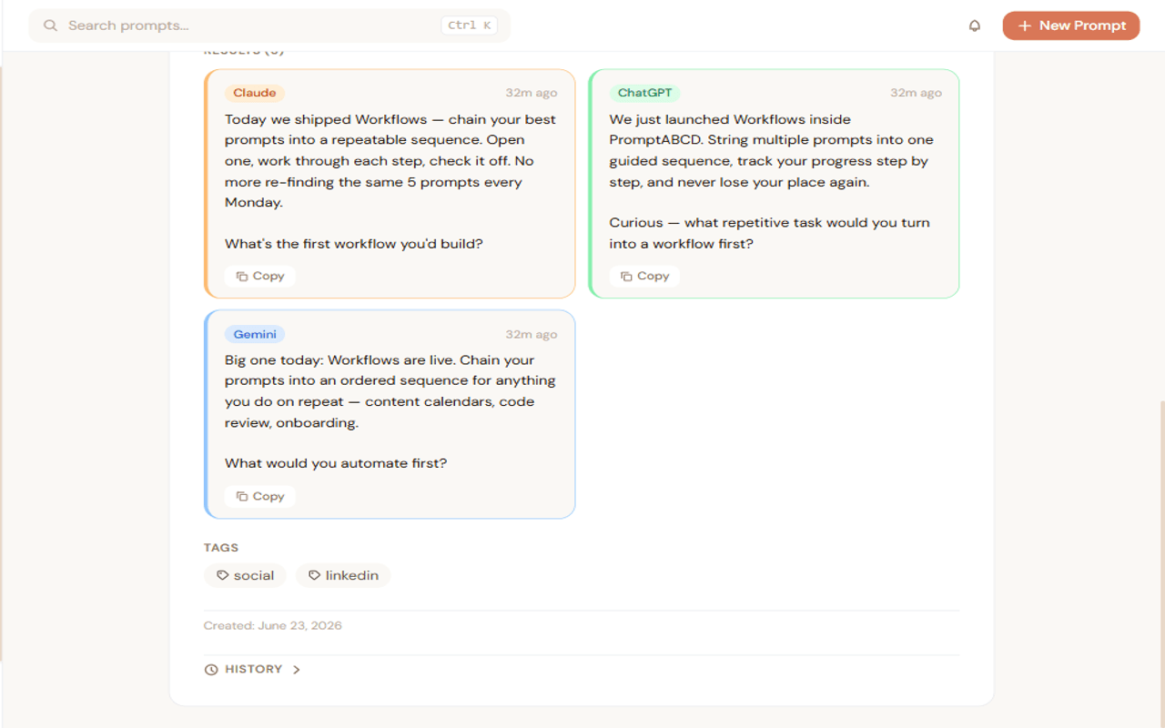 PromptABCD prompt page showing Claude, ChatGPT, and Gemini results side by side