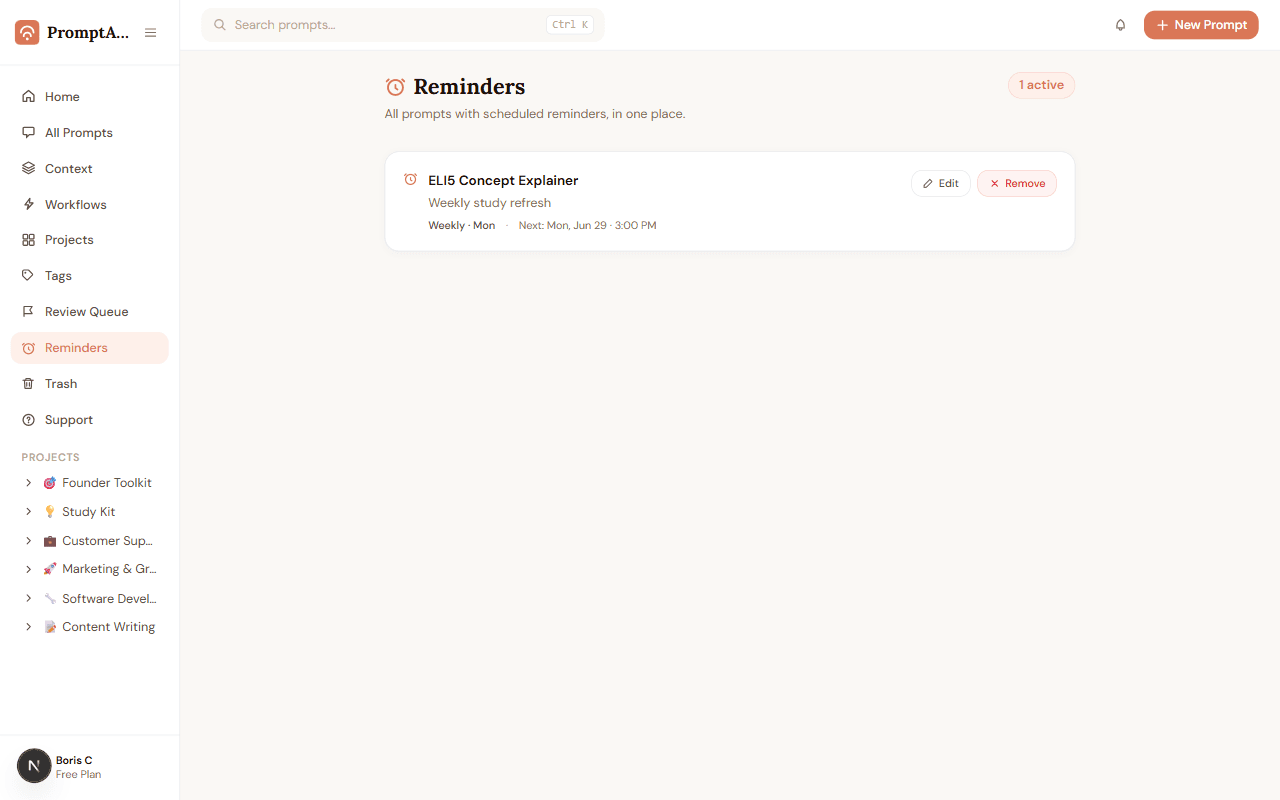 PromptABCD Reminders page with a scheduled weekly reminder