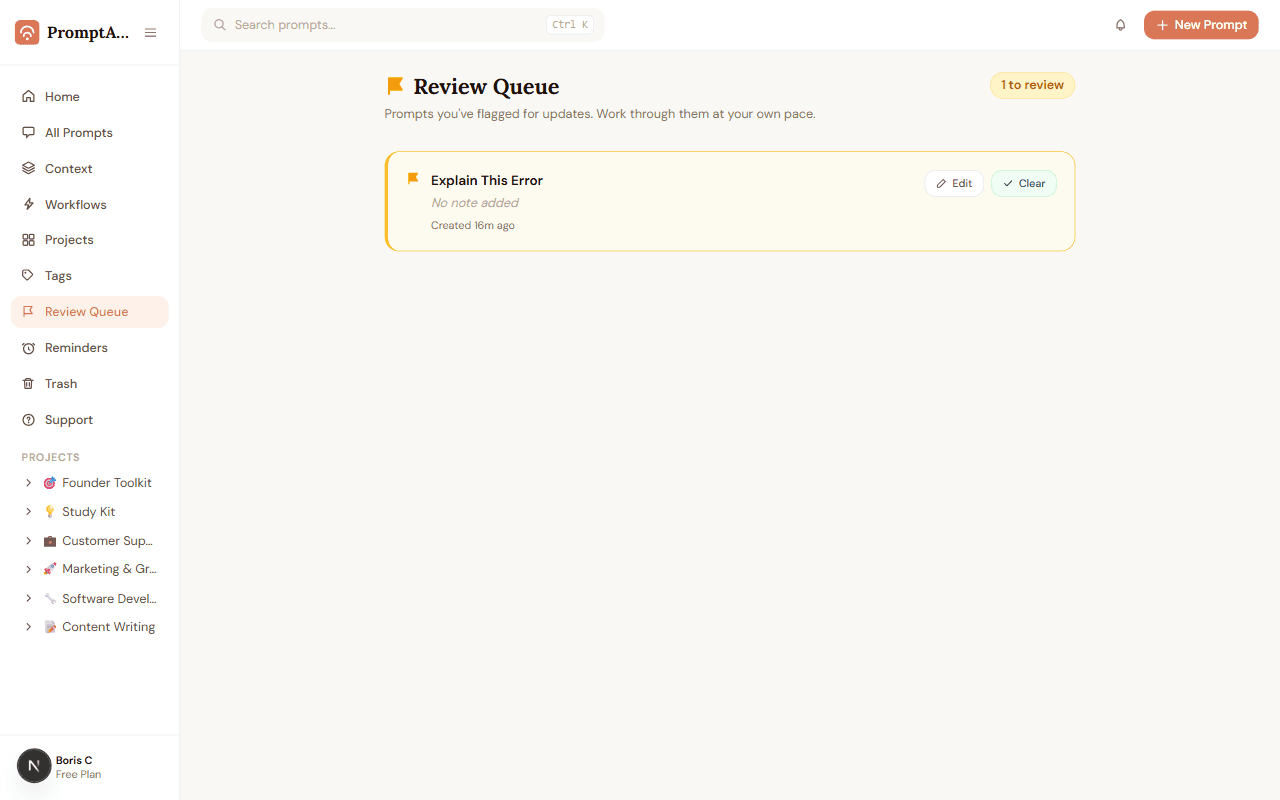 PromptABCD Review Queue showing a flagged prompt awaiting updates