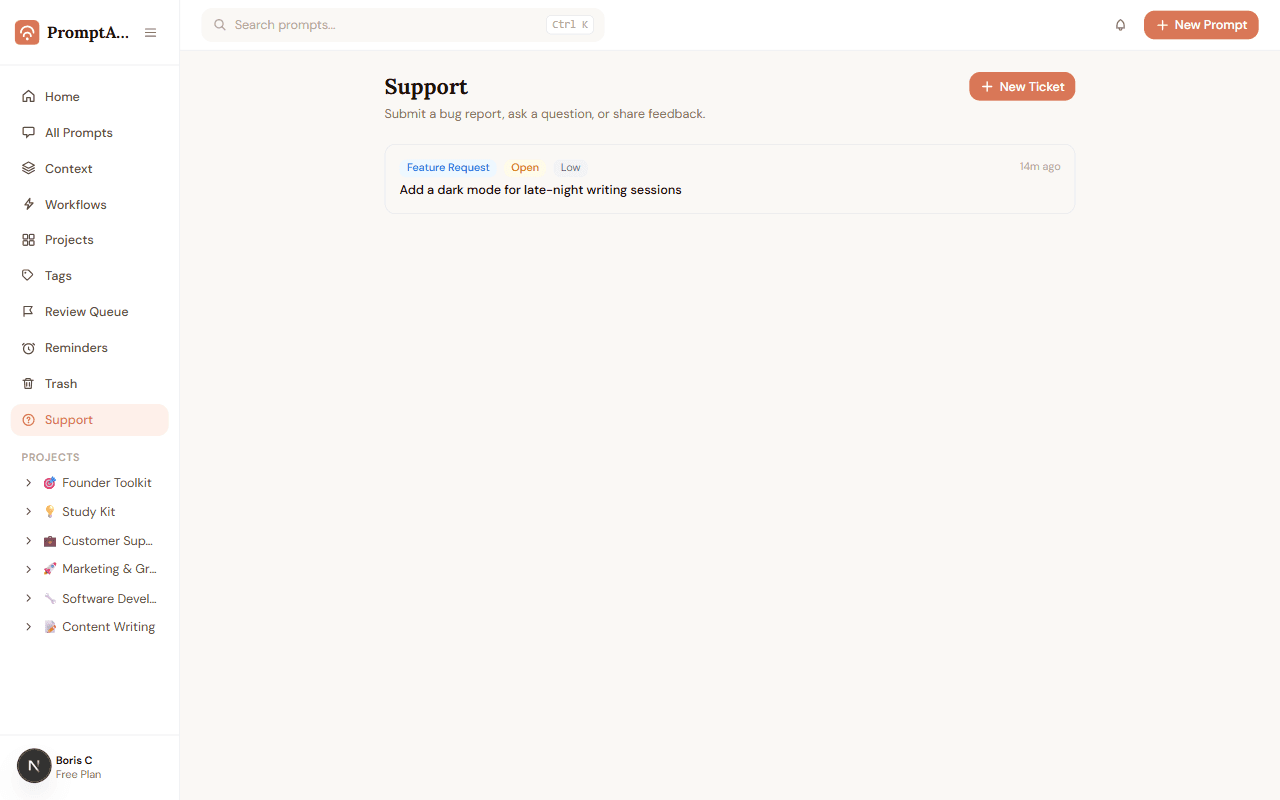 PromptABCD Support page showing a submitted feature request ticket