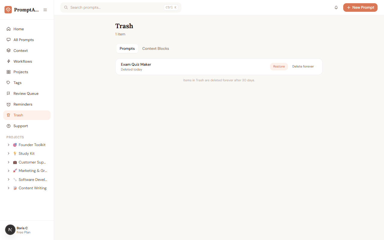 PromptABCD Trash page showing a restorable deleted prompt