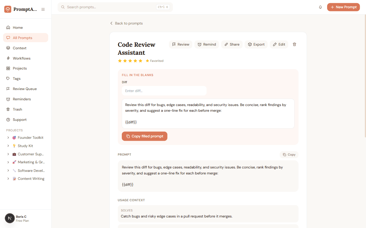 PromptABCD prompt page with a documented Usage Context section
