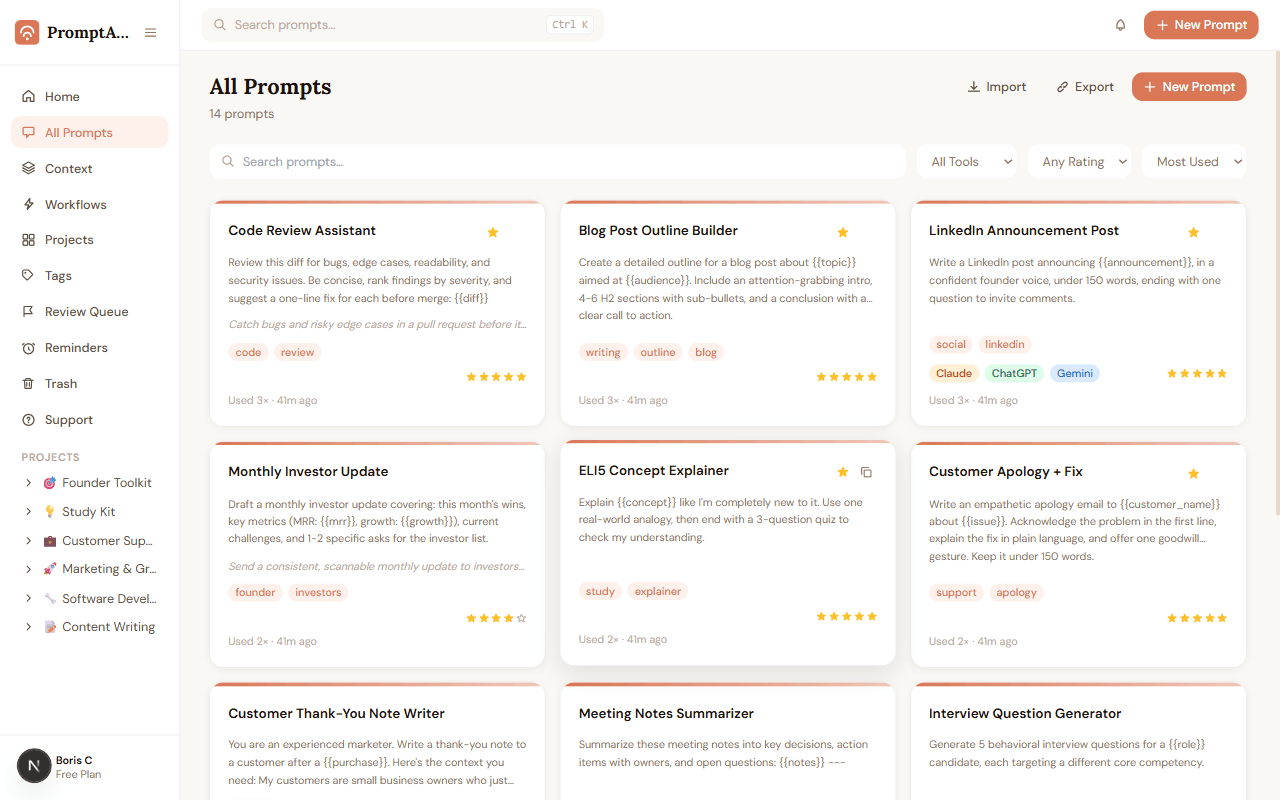 PromptABCD All Prompts page sorted by Most Used with usage counts