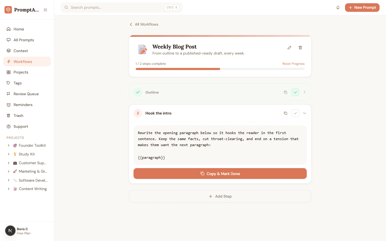 PromptABCD Workflows page showing a multi-step workflow in progress