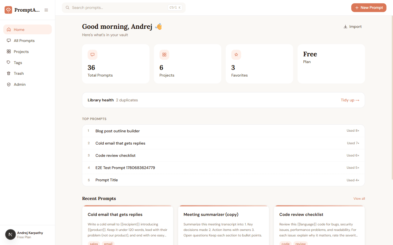The PromptABCD dashboard with prompt stats, top prompts, and recent prompts