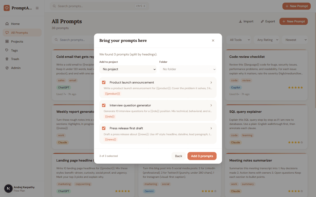 PromptABCD bulk import review screen showing parsed prompts