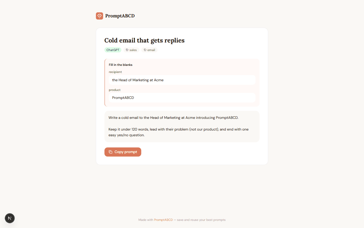 Public PromptABCD share page with a copy button