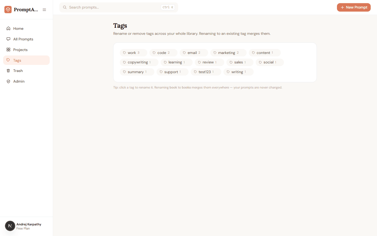 Tag manager page with tag chips and usage counts